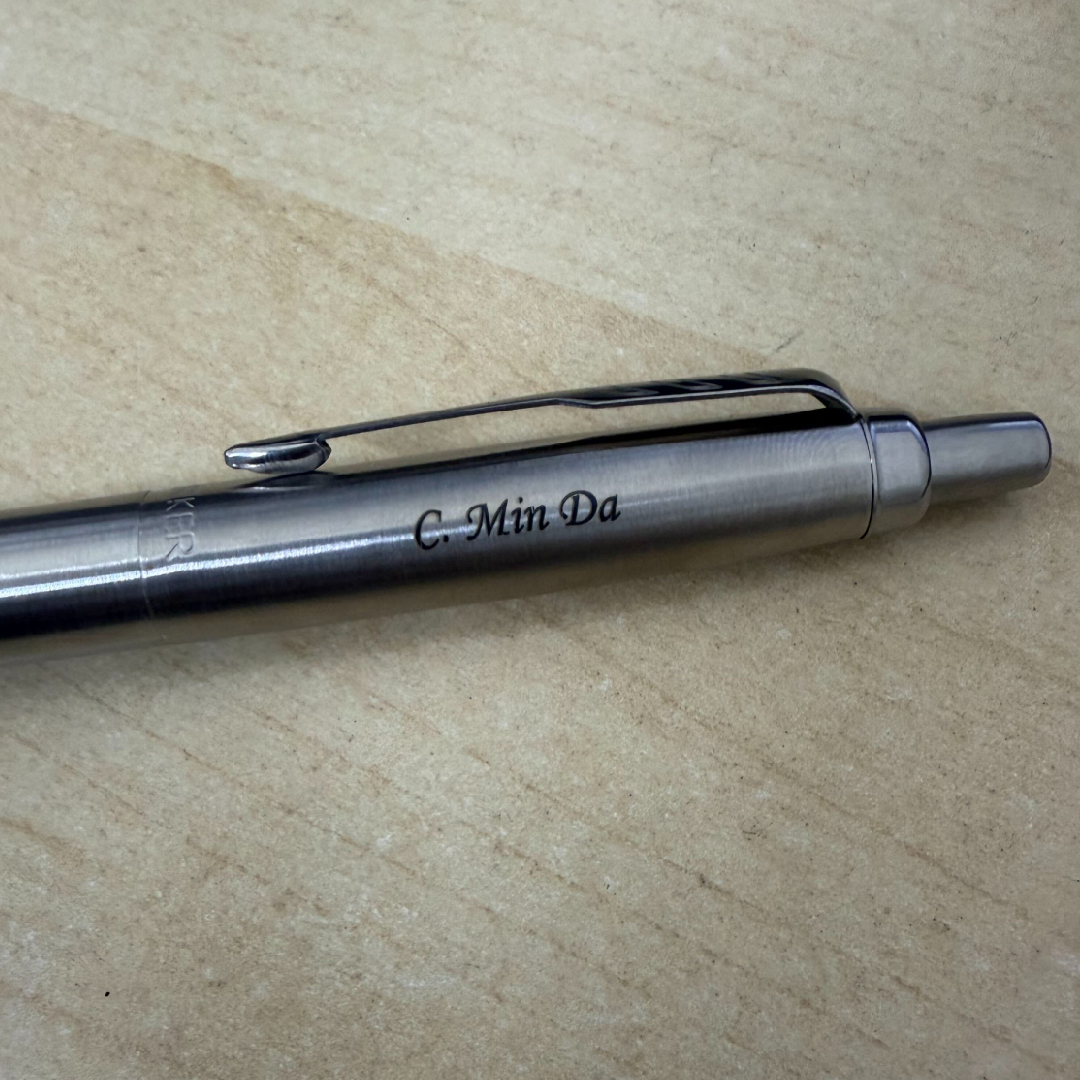 Custom Pen Engraving – Personalised Name Engraving on Parker Jotter XL Monochrome Stainless Steel Ballpoint Pen at Cityluxe WorkRoom