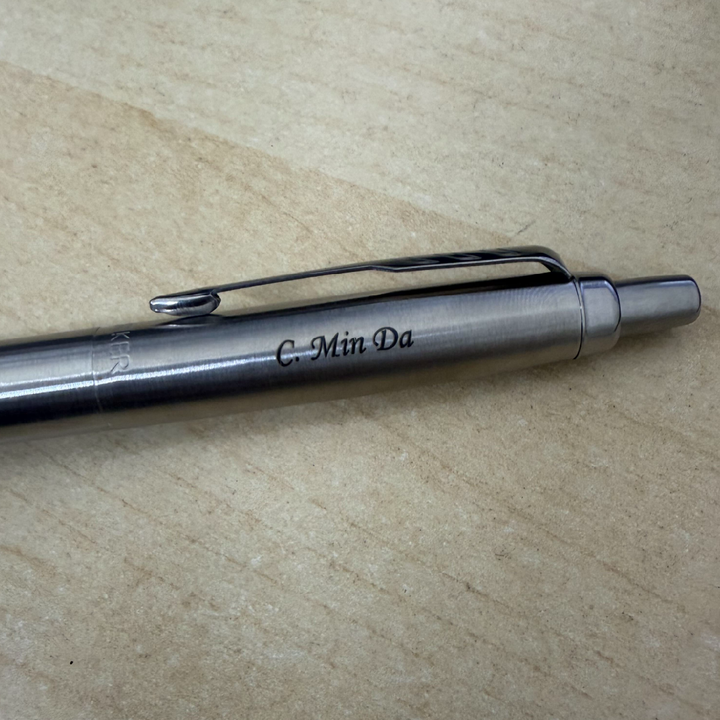 Custom Pen Engraving – Personalised Name Engraving on Parker Jotter XL Monochrome Stainless Steel Ballpoint Pen at Cityluxe WorkRoom