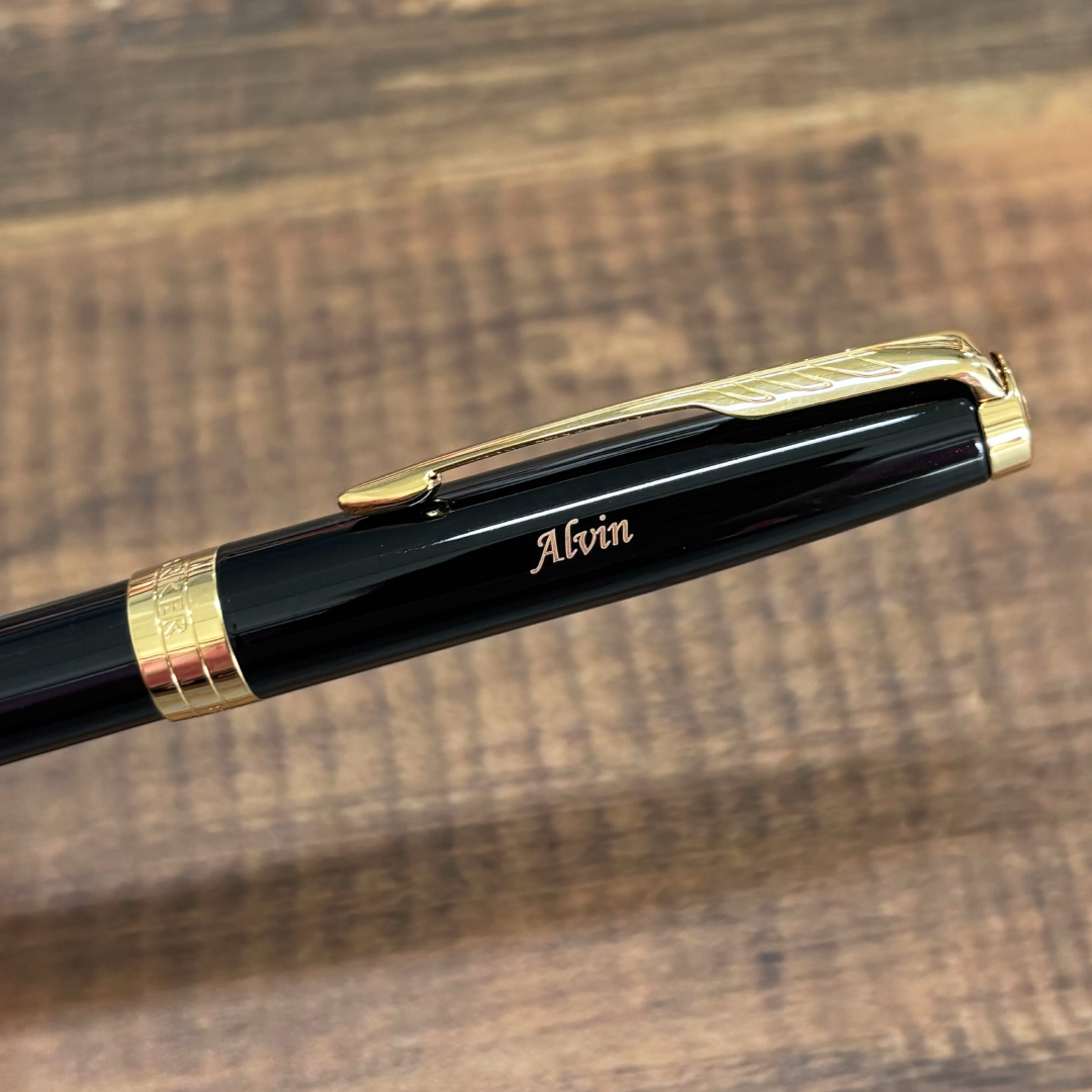 Custom Pen Engraving – Personalised Name Engraving on Parker Sonnet Lacquer Black GT Ballpoint Pen at Cityluxe WorkRoom