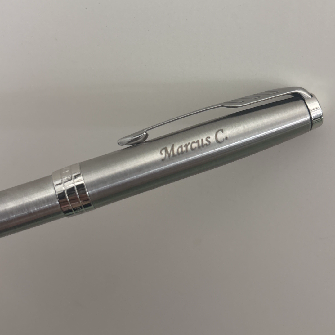 Custom Pen Engraving – Personalised Name Engraving on Parker Sonnet Stainless Steel CT Ballpoint Pen at Cityluxe WorkRoom