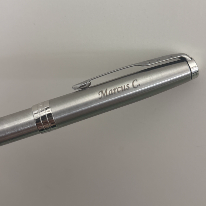 Custom Pen Engraving – Personalised Name Engraving on Parker Sonnet Stainless Steel CT Ballpoint Pen at Cityluxe WorkRoom