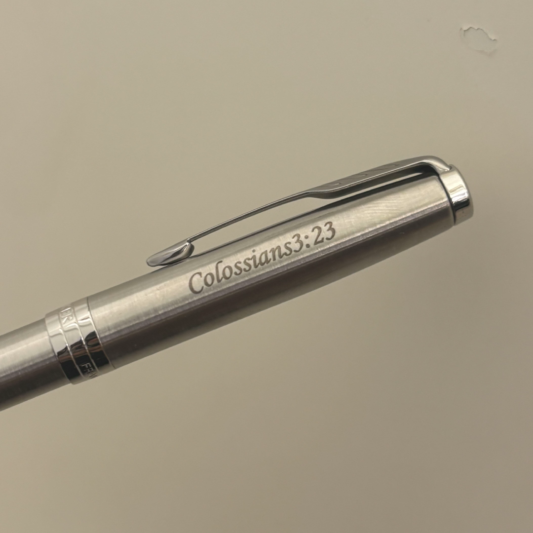 Custom Pen Engraving – Personalised Name Engraving on Parker Sonnet Stainless Steel CT Ballpoint Pen at Cityluxe WorkRoom