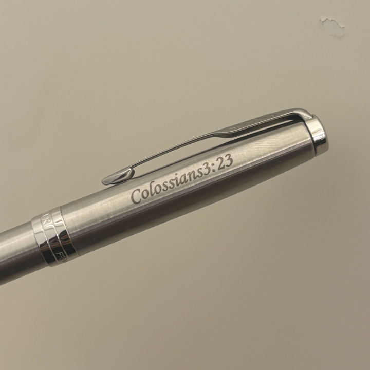 Custom Pen Engraving – Personalised Name Engraving on Parker Sonnet Stainless Steel CT Ballpoint Pen at Cityluxe WorkRoom