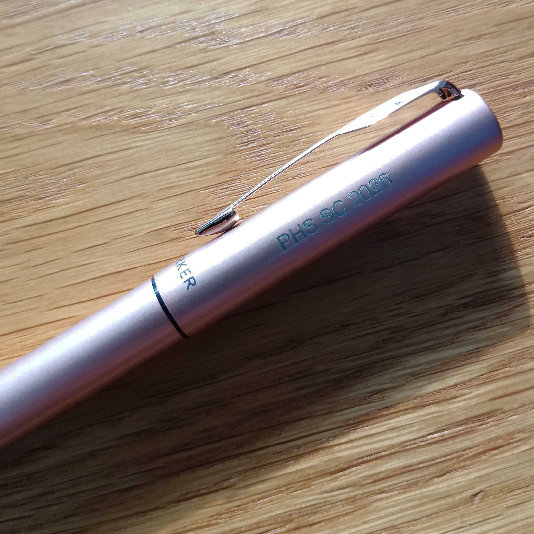 Custom Pen Engraving – Personalised Name Engraving on Parker Vector XL Mono Pink Gold PGT Rollerball Pen at Cityluxe WorkRoom
