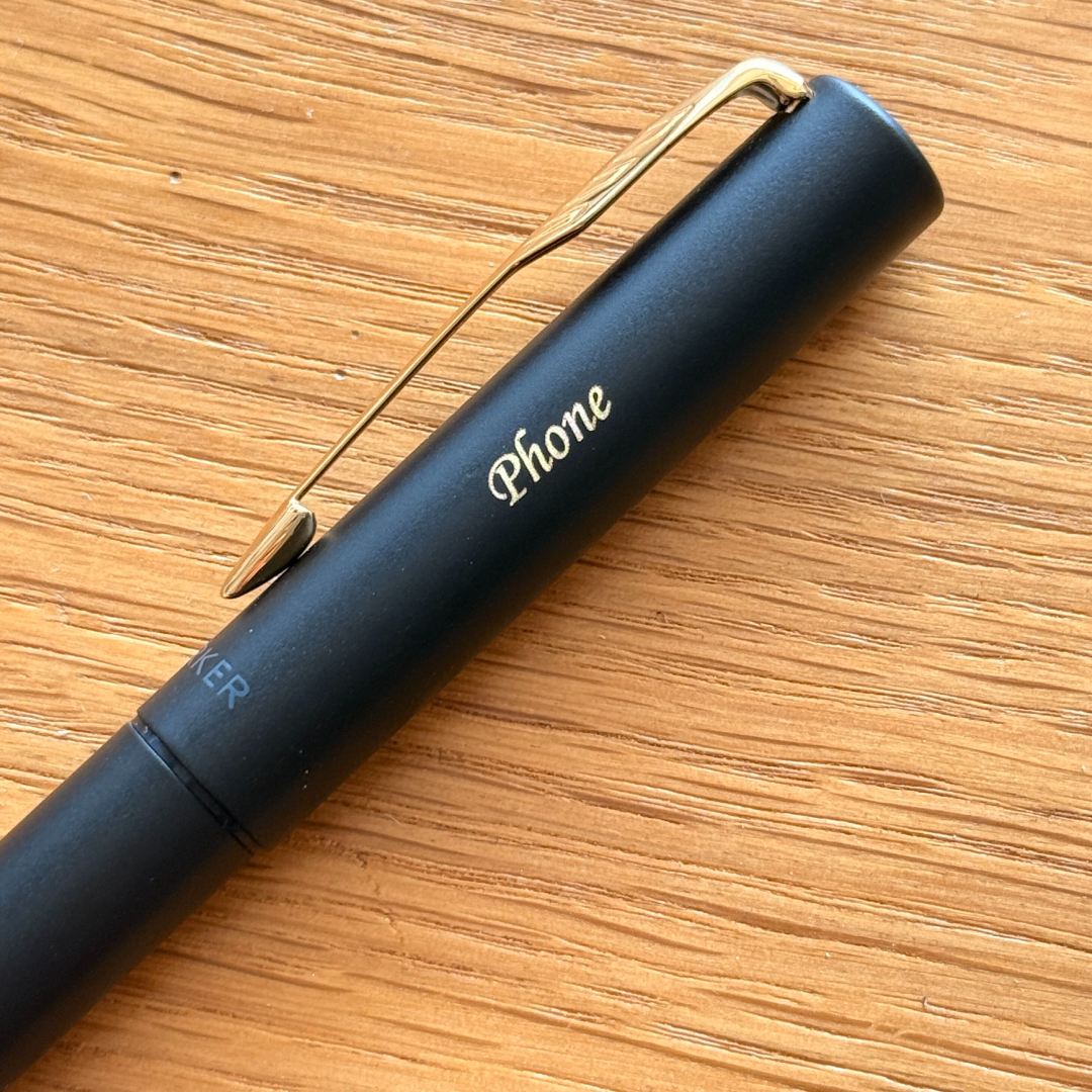 Custom Pen Engraving – Personalised Name Engraving on Parker Vector XL Rollerball Pen - Black with Gold Trim at Cityluxe WorkRoom