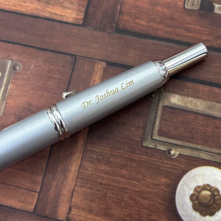 Custom Pen Engraving – Personalised Name Engraving on Pilot Capless Fountain Pen - Silver with 18K Gold Rhodium-plated Fine Nib at Cityluxe WorkRoom