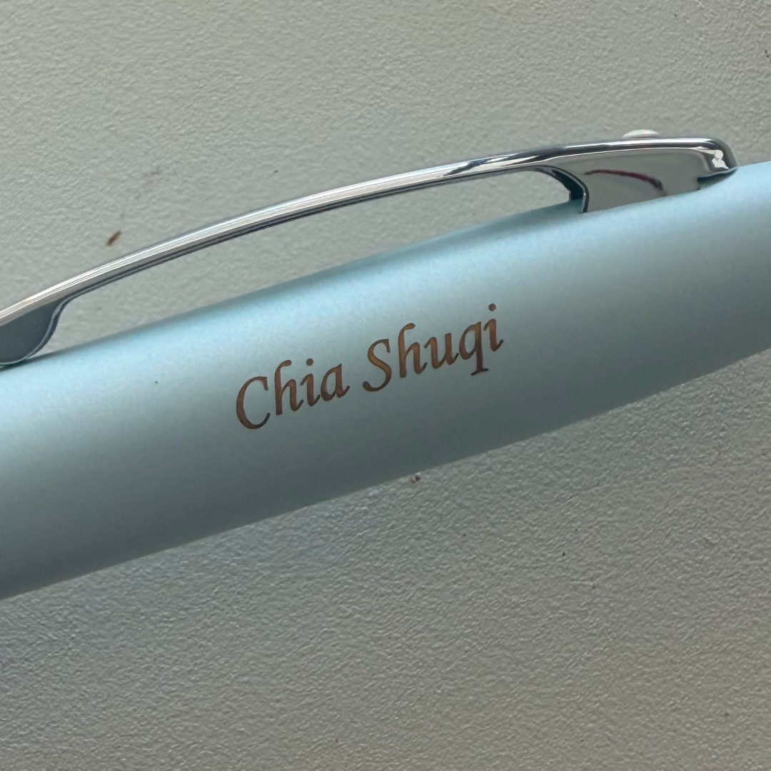 Custom Pen Engraving – Personalised Name Engraving on Sheaffer 100 9376 Expressions Blue and Pink Pearlised Gradient Ballpoint Pen with Chrome-plated Trims at Cityluxe WorkRoom