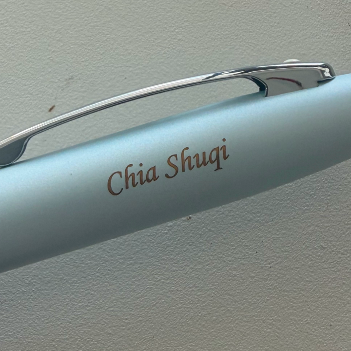 Custom Pen Engraving – Personalised Name Engraving on Sheaffer 100 9376 Expressions Blue and Pink Pearlised Gradient Ballpoint Pen with Chrome-plated Trims at Cityluxe WorkRoom