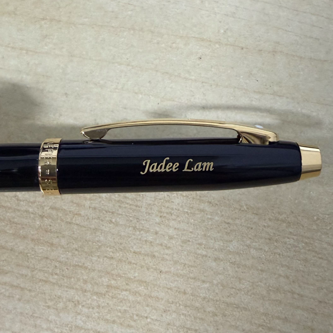 Custom Pen Engraving – Personalised Name Engraving on Sheaffer 100 E9322 Glossy Black With Gold Trims Ballpoint Pen at Cityluxe WorkRoom