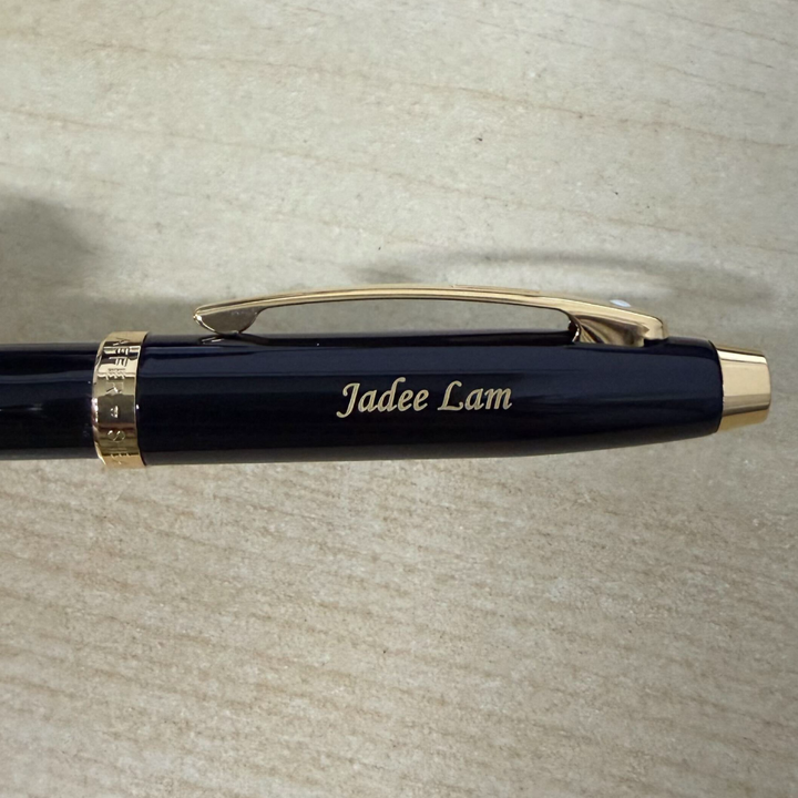 Custom Pen Engraving – Personalised Name Engraving on Sheaffer 100 E9322 Glossy Black With Gold Trims Ballpoint Pen at Cityluxe WorkRoom