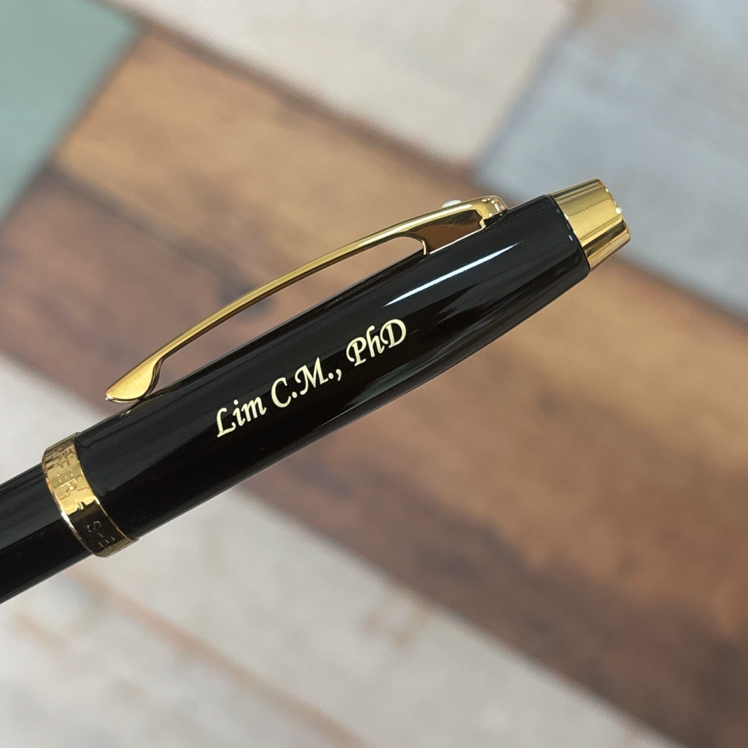 Custom Pen Engraving – Personalised Name Engraving on Sheaffer 100 E9322 Glossy Black With Gold Trims Fountain Pen at Cityluxe WorkRoom