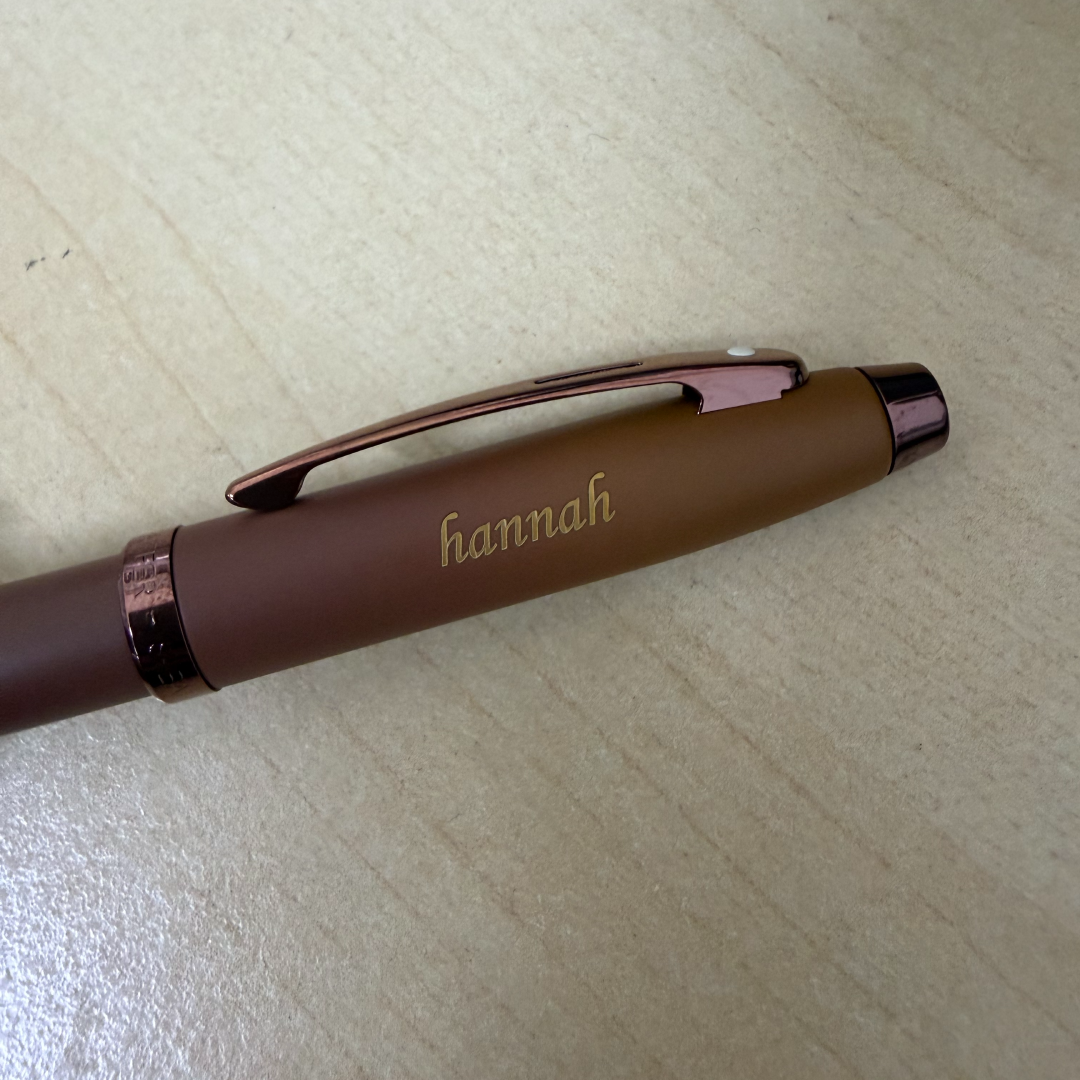 Custom Pen Engraving – Personalised Name Engraving on Sheaffer 100 E9374 Coffee Edition With PVD Trims Ballpoint Pen at Cityluxe WorkRoom