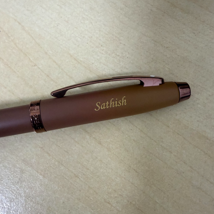Custom Pen Engraving – Personalised Name Engraving on Sheaffer 100 E9374 Coffee Edition With PVD Trims Ballpoint Pen at Cityluxe WorkRoom