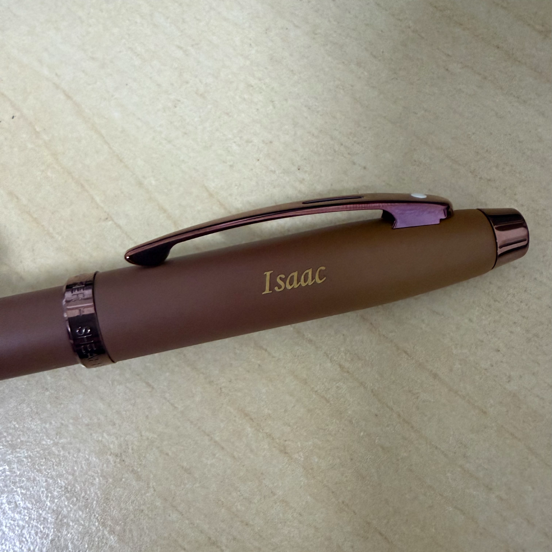 Custom Pen Engraving – Personalised Name Engraving on Sheaffer 100 E9374 Coffee Edition With PVD Trims Rollerball Pen at Cityluxe WorkRoom