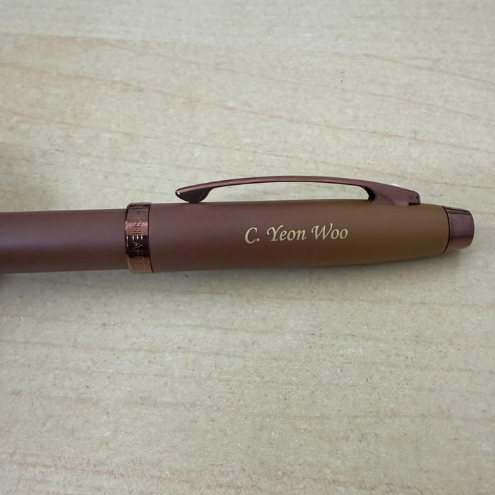 Custom Pen Engraving – Personalised Name Engraving on Sheaffer 100 E9374 Coffee Edition With PVD Trims Rollerball Pen at Cityluxe WorkRoom