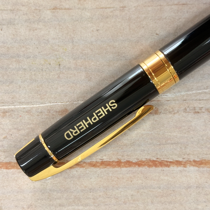 Custom Pen Engraving – Personalised Name Engraving on Sheaffer 300 E9325 Glossy Black with Gold Trims Ballpoint Pen at Cityluxe WorkRoom