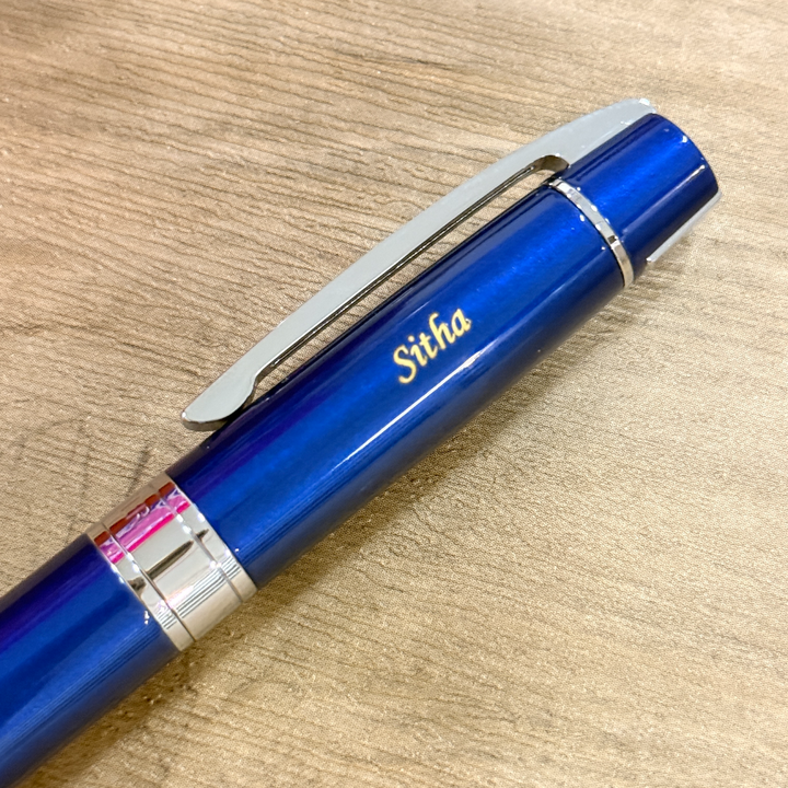 Custom Pen Engraving – Personalised Name Engraving on Sheaffer 300 E9341 Glossy Blue with Chrome Trims Rollerball Pen at Cityluxe WorkRoom