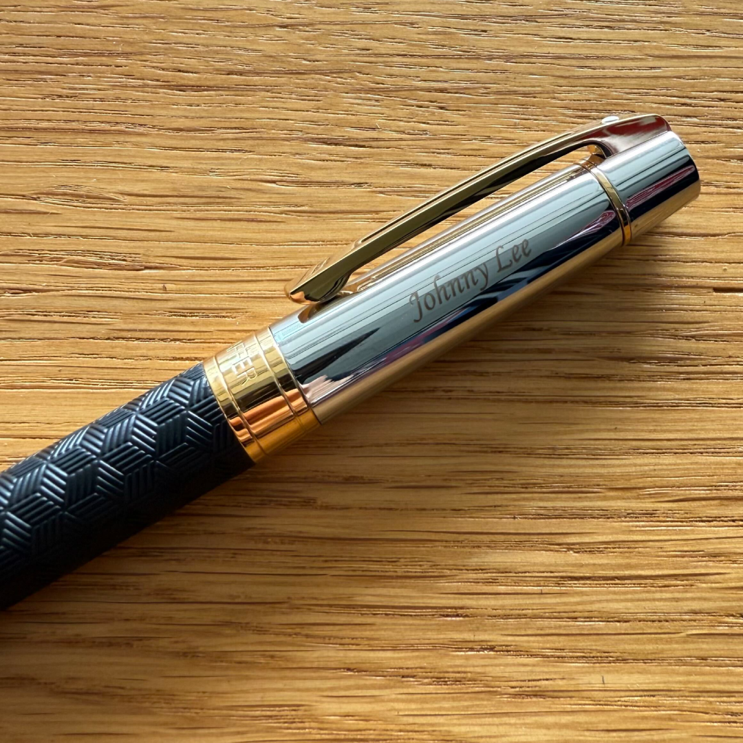 Custom Pen Engraving – Personalised Name Engraving on Sheaffer 300 E9347 Engraved Matt Black With Gold Trims Rollerball Pen at Cityluxe WorkRoom
