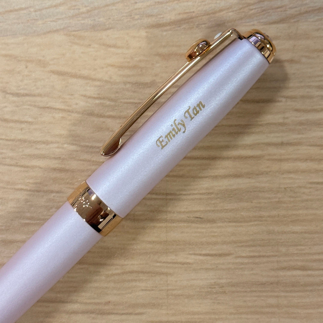 Custom Pen Engraving – Personalised Name Engraving on Sheaffer Emily in Paris Prelude Mini 9810 Pastel Pink Ballpoint Pen and PVD Rose Gold Trims with Heart Emblem and Swarovski Crystal at Cityluxe WorkRoom