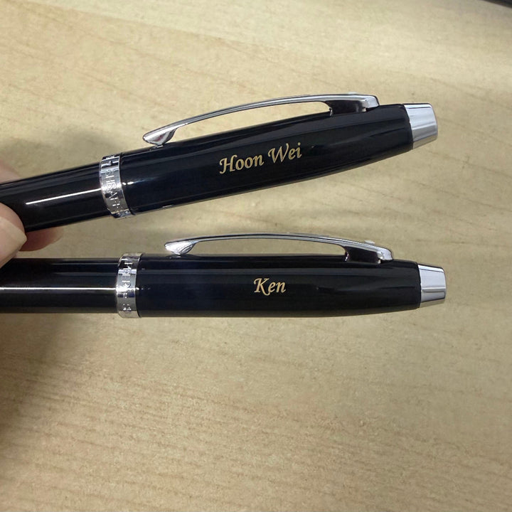 Custom Pen Engraving – Personalised Name Engraving on Sheaffer Gift Set ft. Glossy Black 100 Ballpoint Pen with Chrome Trims and Business Card Holder at Cityluxe WorkRoom