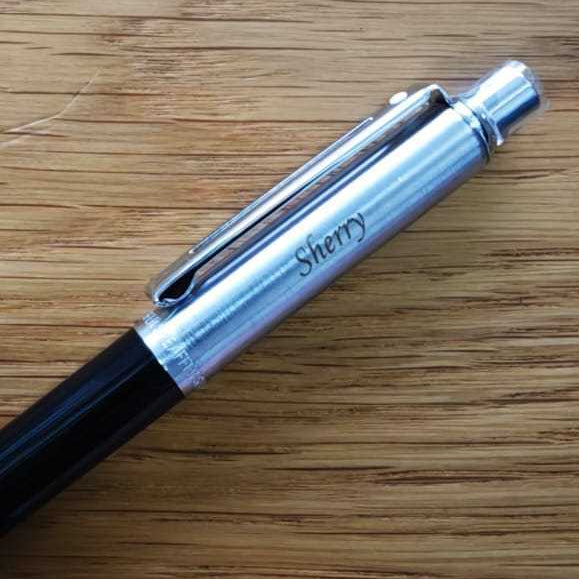 Custom Pen Engraving – Personalised Name Engraving on Sheaffer Sentinel Black and Chrome Ballpoint Pen With Chrome Trims at Cityluxe WorkRoom