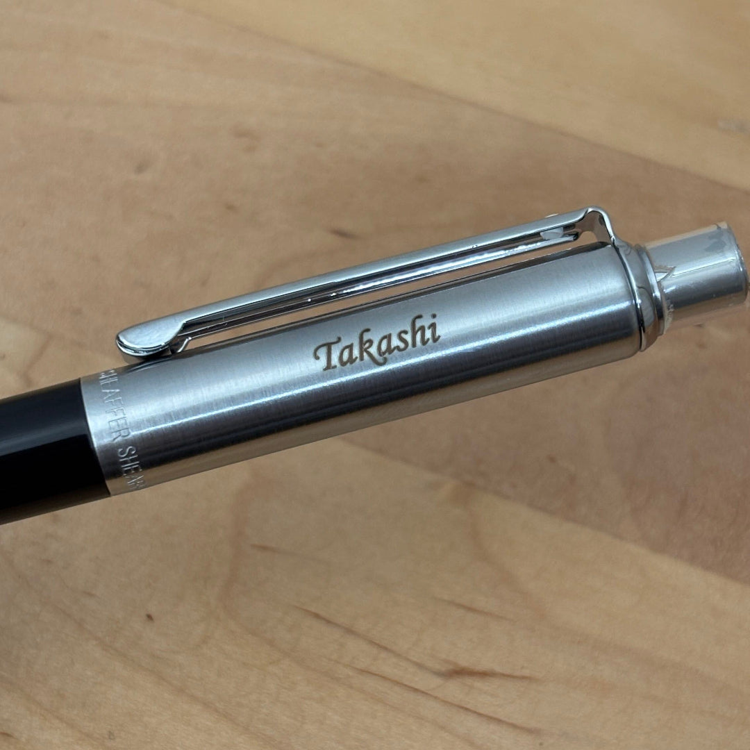 Custom Pen Engraving – Personalised Name Engraving on Sheaffer Sentinel Black and Chrome Ballpoint Pen With Chrome Trims at Cityluxe WorkRoom