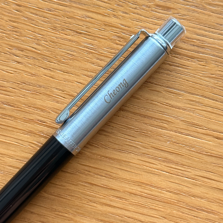 Custom Pen Engraving – Personalised Name Engraving on Sheaffer Sentinel Black and Chrome Ballpoint Pen With Chrome Trims at Cityluxe WorkRoom