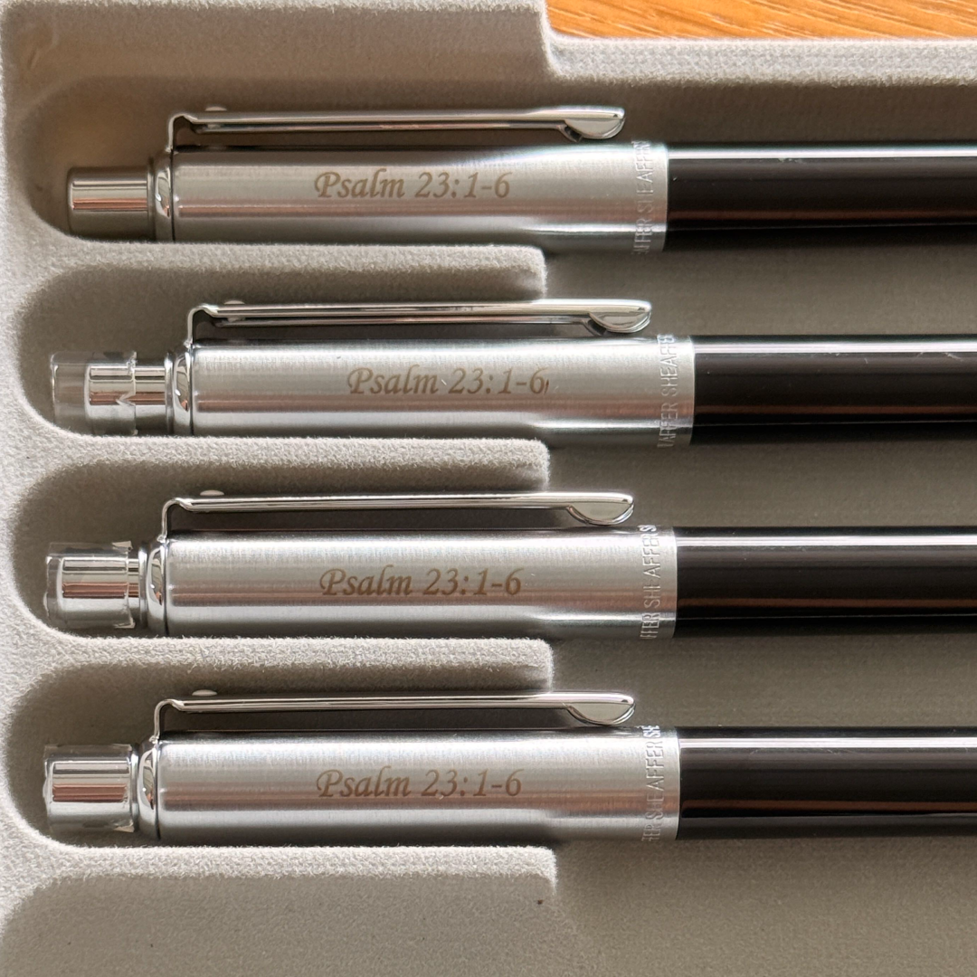 Custom Pen Engraving – Personalised Name Engraving on Sheaffer Sentinel Black and Chrome Ballpoint Pen With Chrome Trims at Cityluxe WorkRoom