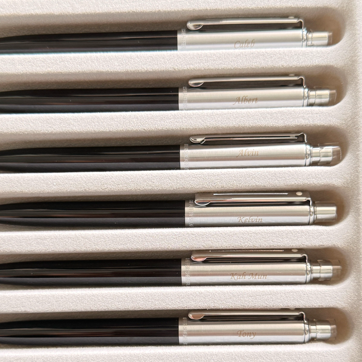 Custom Pen Engraving – Personalised Name Engraving on Sheaffer Sentinel Black and Chrome Ballpoint Pen With Chrome Trims at Cityluxe WorkRoom