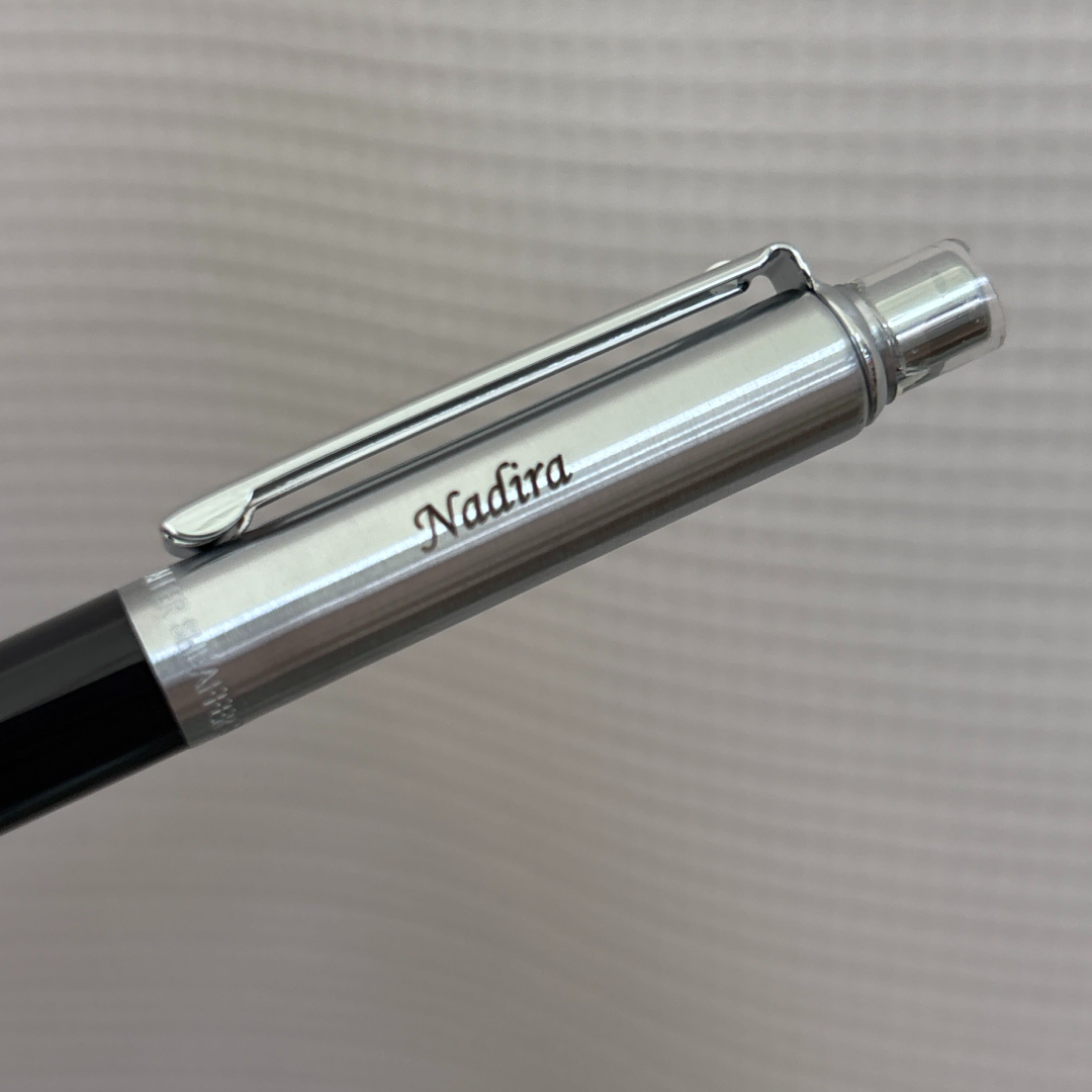 Custom Pen Engraving – Personalised Name Engraving on Sheaffer Sentinel Black and Chrome Ballpoint Pen With Chrome Trims at Cityluxe WorkRoom