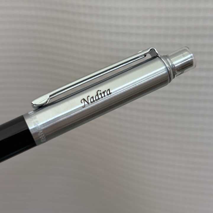 Custom Pen Engraving – Personalised Name Engraving on Sheaffer Sentinel Black and Chrome Ballpoint Pen With Chrome Trims at Cityluxe WorkRoom