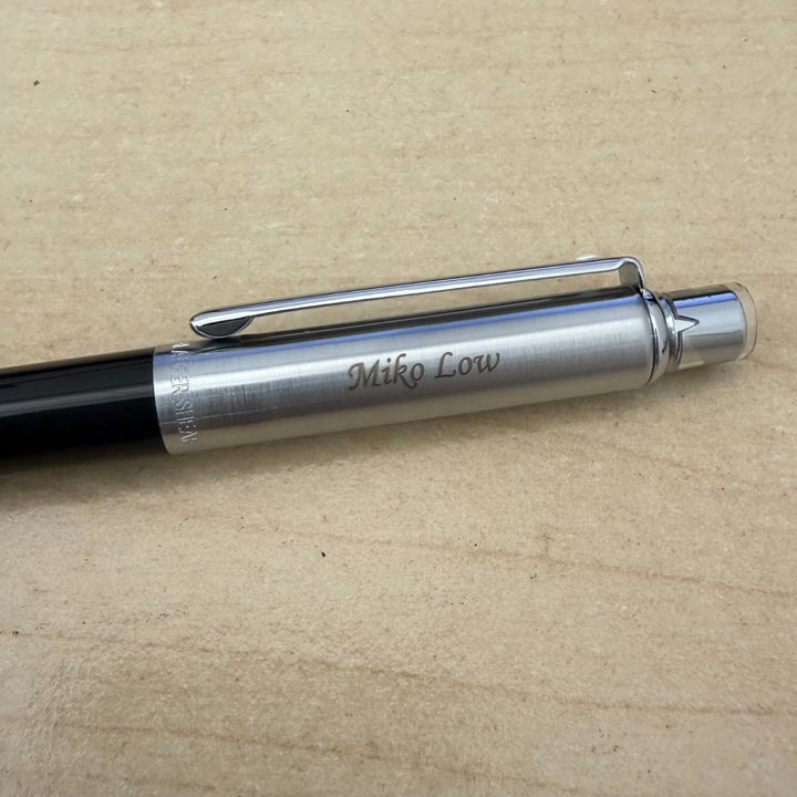 Custom Pen Engraving – Personalised Name Engraving on Sheaffer Sentinel Black and Chrome Ballpoint Pen With Chrome Trims at Cityluxe WorkRoom
