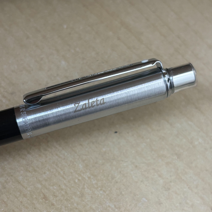 Custom Pen Engraving – Personalised Name Engraving on Sheaffer Sentinel Black and Chrome Ballpoint Pen With Chrome Trims at Cityluxe WorkRoom