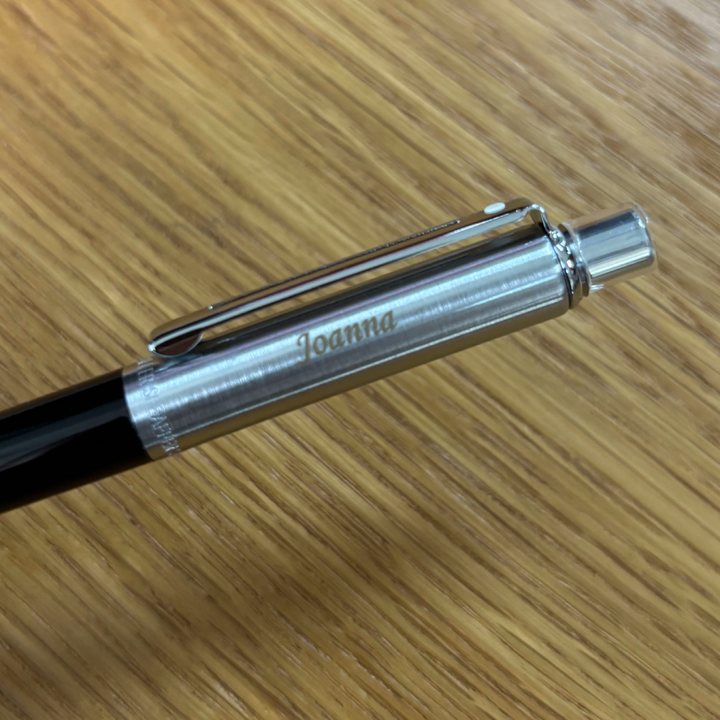 Custom Pen Engraving – Personalised Name Engraving on Sheaffer Sentinel Black and Chrome Ballpoint Pen With Chrome Trims at Cityluxe WorkRoom