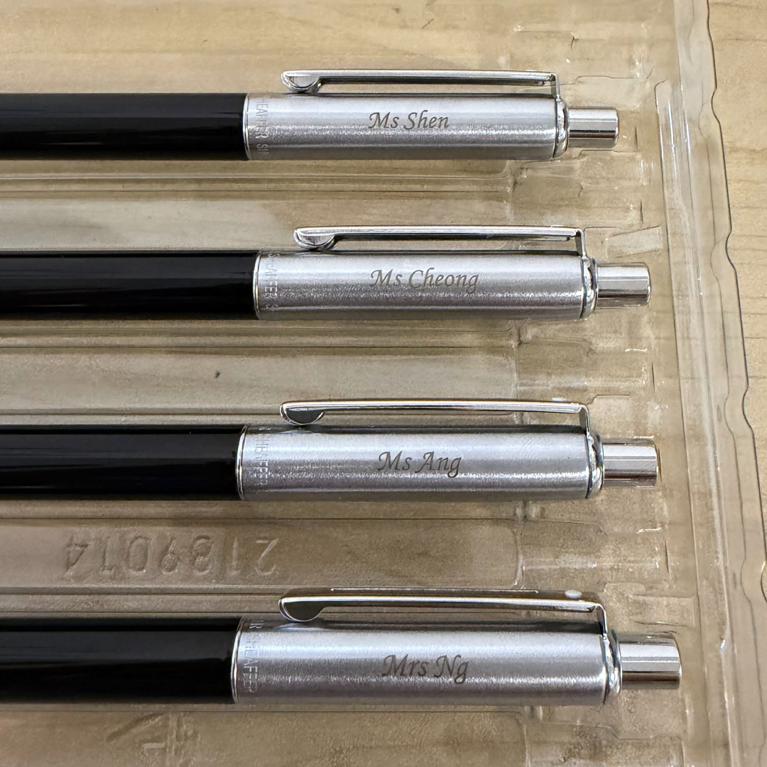 Custom Pen Engraving – Personalised Name Engraving on Sheaffer Sentinel Black and Chrome Ballpoint Pen With Chrome Trims at Cityluxe WorkRoom