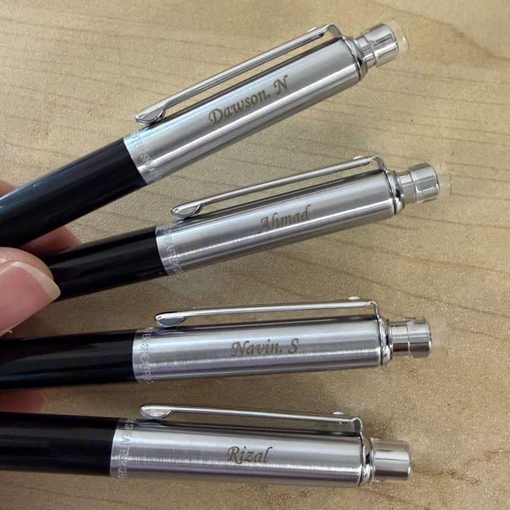 Custom Pen Engraving – Personalised Name Engraving on Sheaffer Sentinel Black and Chrome Ballpoint Pen With Chrome Trims at Cityluxe WorkRoom
