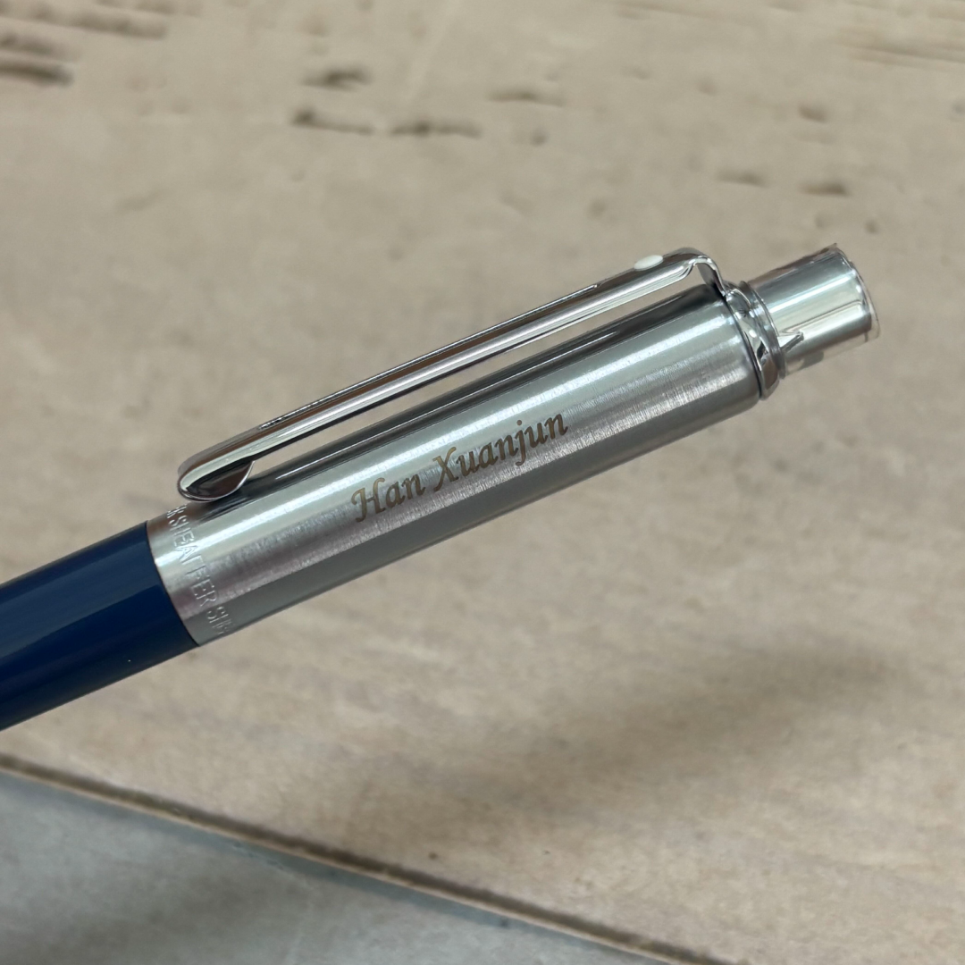 Custom Pen Engraving – Personalised Name Engraving on Sheaffer Sentinel Blue and Chrome Ballpoint Pen With Chrome Trims at Cityluxe WorkRoom
