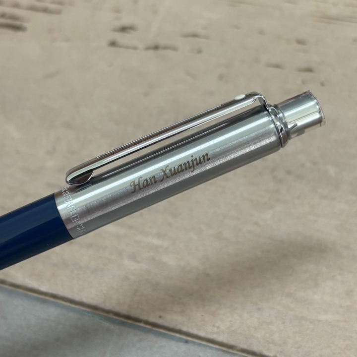 Custom Pen Engraving – Personalised Name Engraving on Sheaffer Sentinel Blue and Chrome Ballpoint Pen With Chrome Trims at Cityluxe WorkRoom