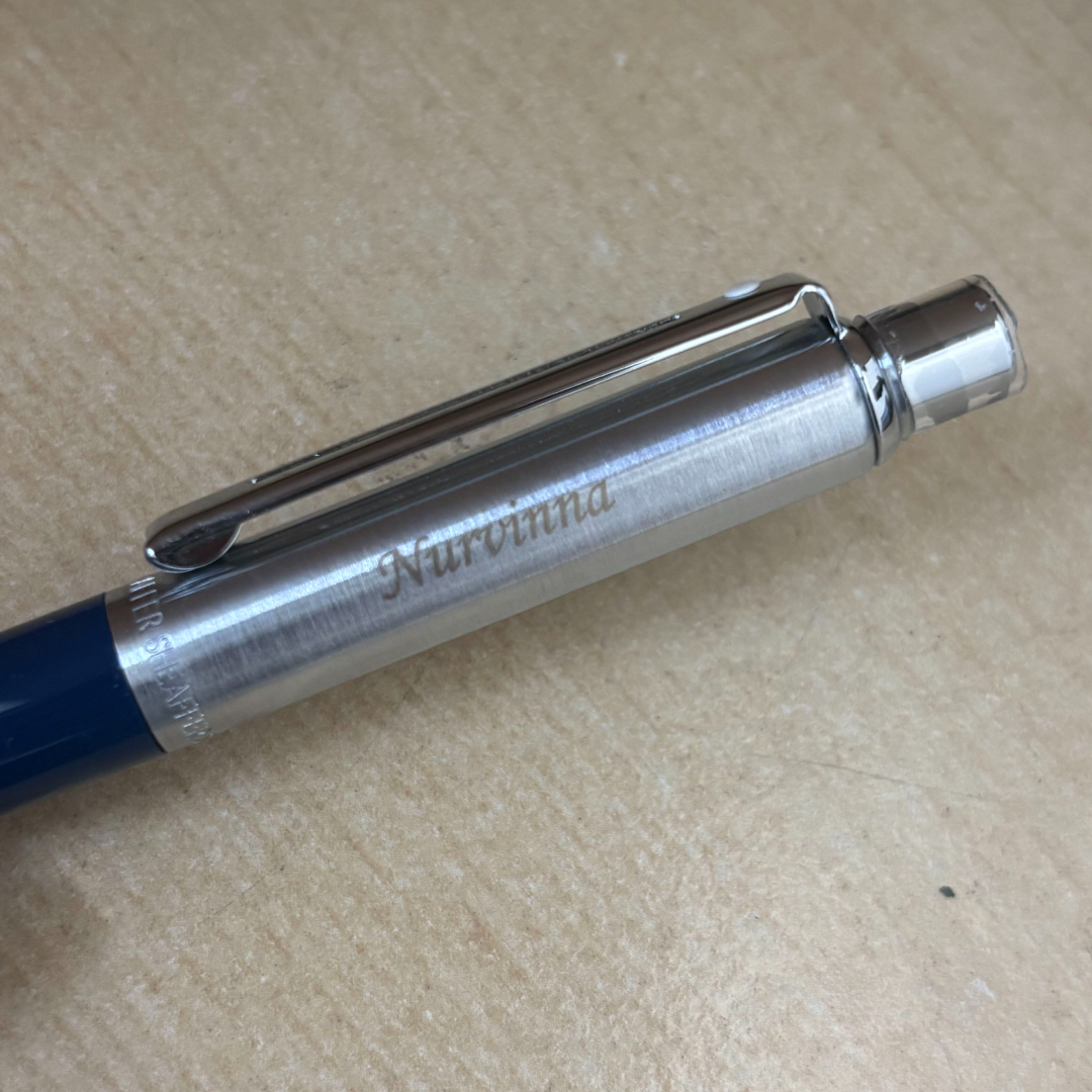 Custom Pen Engraving – Personalised Name Engraving on Sheaffer Sentinel Blue and Chrome Ballpoint Pen With Chrome Trims at Cityluxe WorkRoom