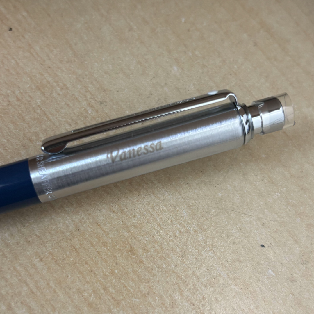 Custom Pen Engraving – Personalised Name Engraving on Sheaffer Sentinel Blue and Chrome Ballpoint Pen With Chrome Trims at Cityluxe WorkRoom