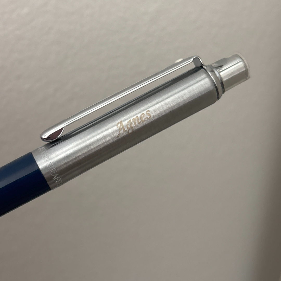 Custom Pen Engraving – Personalised Name Engraving on Sheaffer Sentinel Blue and Chrome Ballpoint Pen With Chrome Trims at Cityluxe WorkRoom