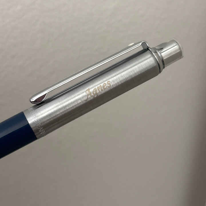 Custom Pen Engraving – Personalised Name Engraving on Sheaffer Sentinel Blue and Chrome Ballpoint Pen With Chrome Trims at Cityluxe WorkRoom