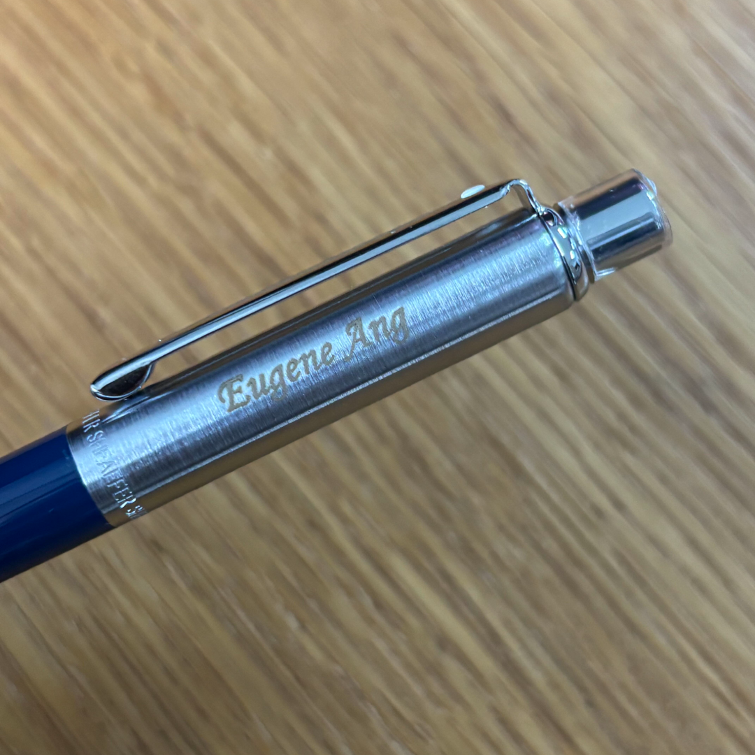Custom Pen Engraving – Personalised Name Engraving on Sheaffer Sentinel Blue and Chrome Ballpoint Pen With Chrome Trims at Cityluxe WorkRoom