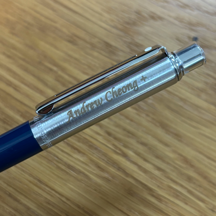 Custom Pen Engraving – Personalised Name Engraving on Sheaffer Sentinel Blue and Chrome Ballpoint Pen With Chrome Trims at Cityluxe WorkRoom