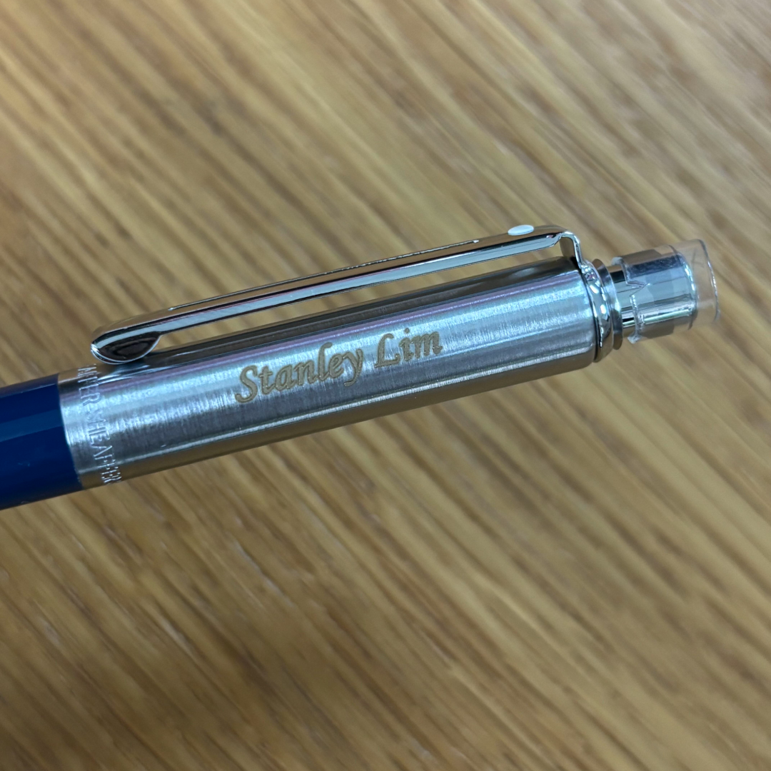 Custom Pen Engraving – Personalised Name Engraving on Sheaffer Sentinel Blue and Chrome Ballpoint Pen With Chrome Trims at Cityluxe WorkRoom