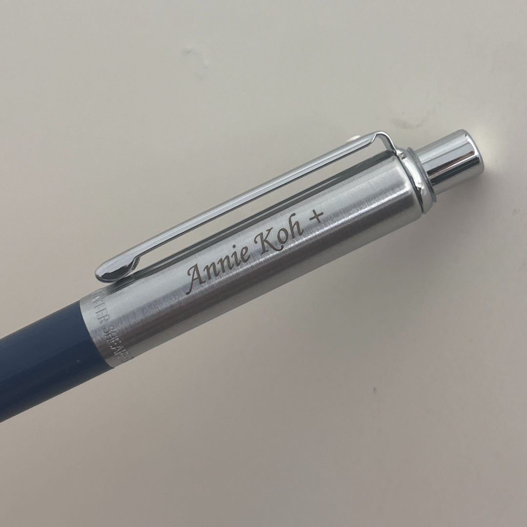 Custom Pen Engraving – Personalised Name Engraving on Sheaffer Sentinel Blue and Chrome Ballpoint Pen With Chrome Trims at Cityluxe WorkRoom