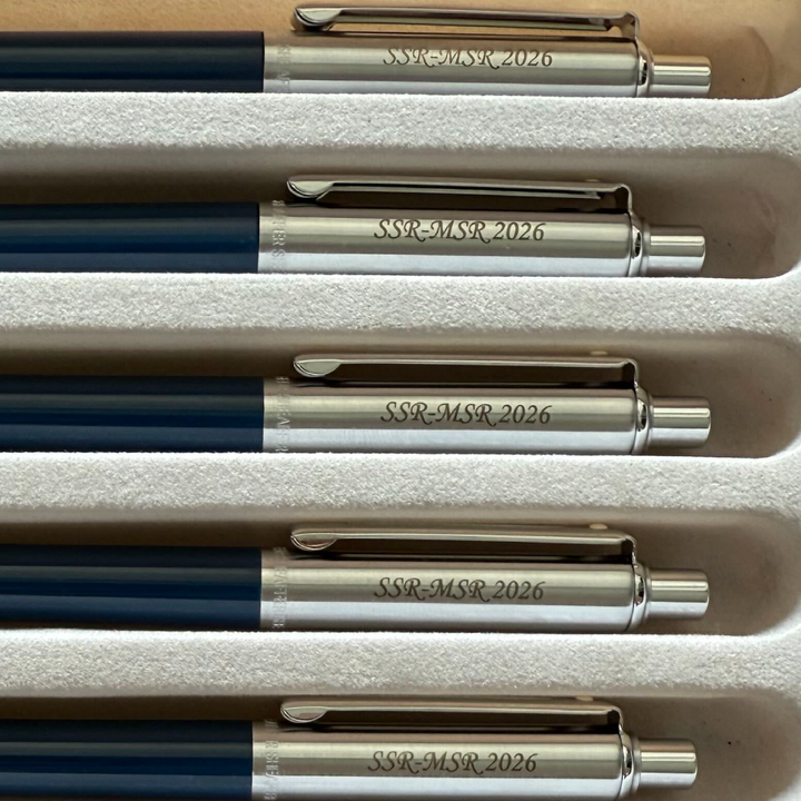 Custom Pen Engraving – Personalised Name Engraving on Sheaffer Sentinel Blue and Chrome Ballpoint Pen With Chrome Trims at Cityluxe WorkRoom