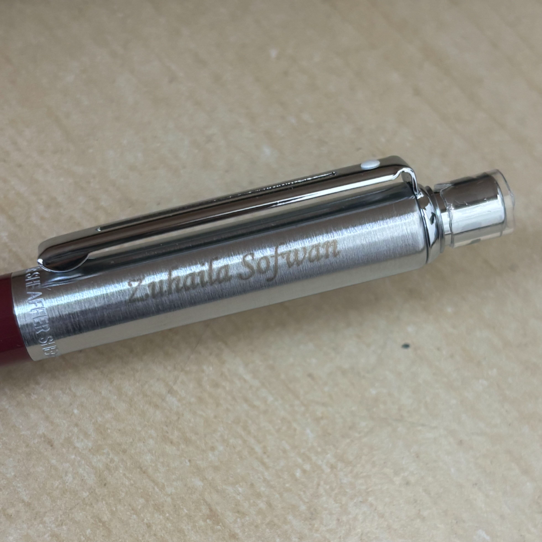 Custom Pen Engraving – Personalised Name Engraving on Sheaffer Sentinel Burgundy and Chrome Ballpoint Pen With Chrome Trims at Cityluxe WorkRoom