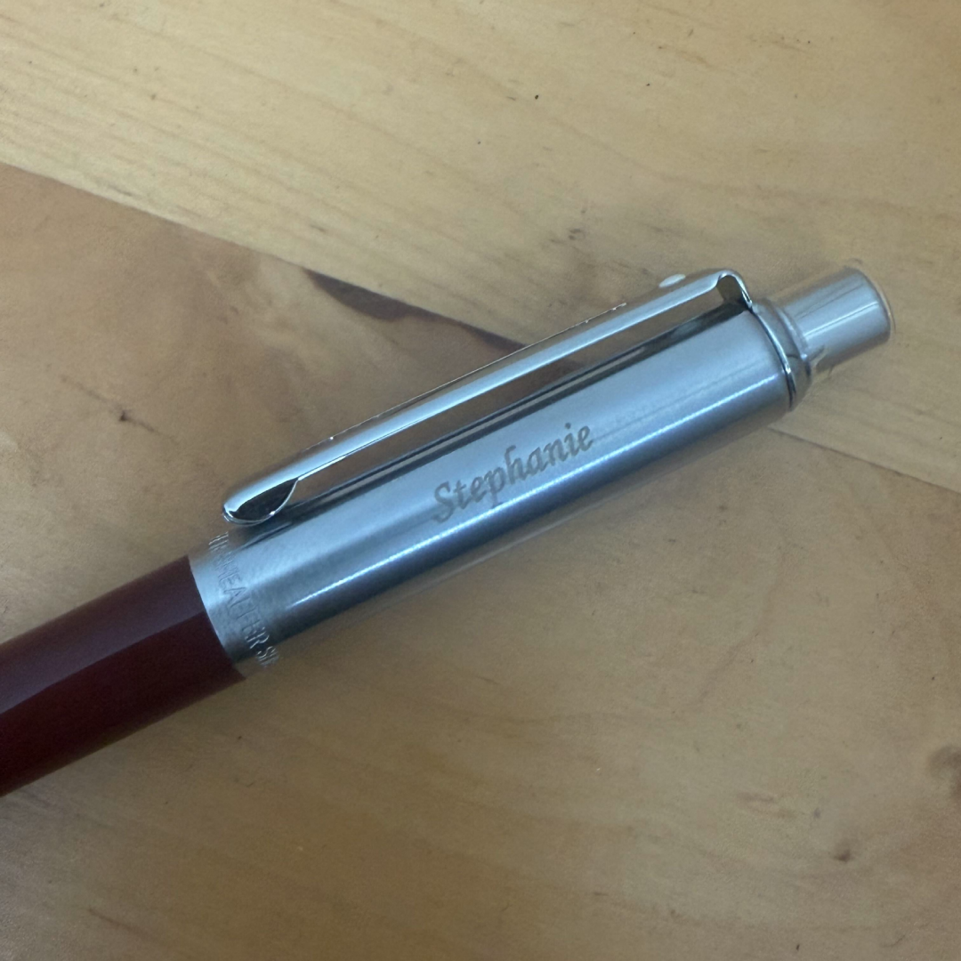 Custom Pen Engraving – Personalised Name Engraving on Sheaffer Sentinel Burgundy and Chrome Ballpoint Pen With Chrome Trims at Cityluxe WorkRoom
