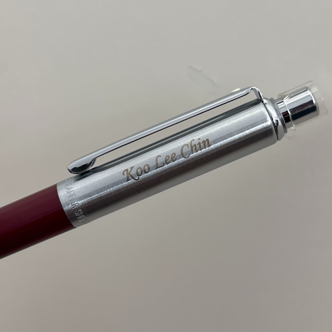Custom Pen Engraving – Personalised Name Engraving on Sheaffer Sentinel Burgundy and Chrome Ballpoint Pen With Chrome Trims at Cityluxe WorkRoom